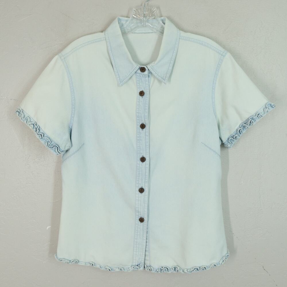 Vtg Denim Top Women M Blue Light Wash Short Sleeve Button Front Ruffle Hem Cuff